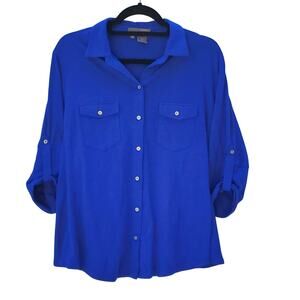 Sandra Womens XL Blue 3/4 Roll Sleeve Button Front Collar Shirt Top